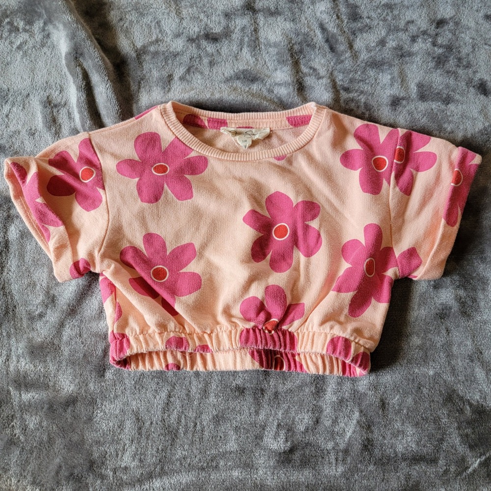 Jessica Simpson Sweatshirt Kids 12M Peach Pink Floral Excellent Elastic Hem 718